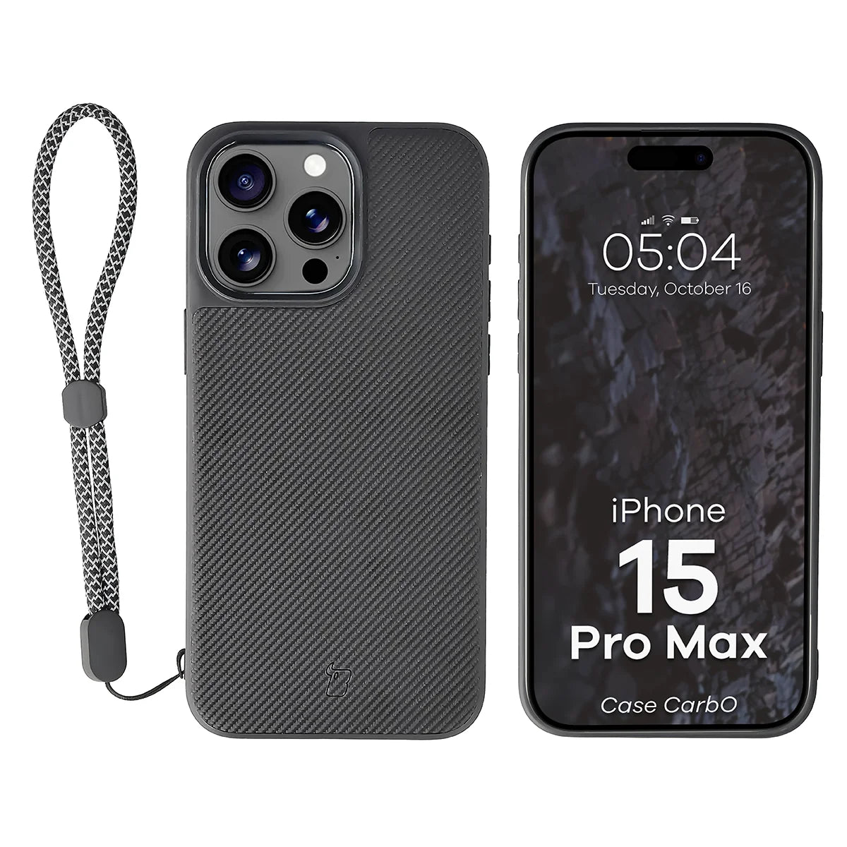 Hülle mit Handgelenkband für iPhone 15 Pro Max, Bizon Case CarbO, Schwarz