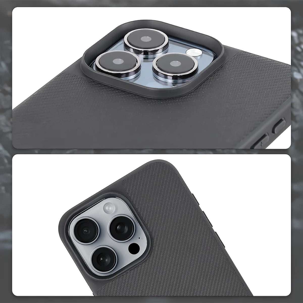 Hülle mit Handgelenkband für iPhone 15 Pro Max, Bizon Case CarbO, Schwarz