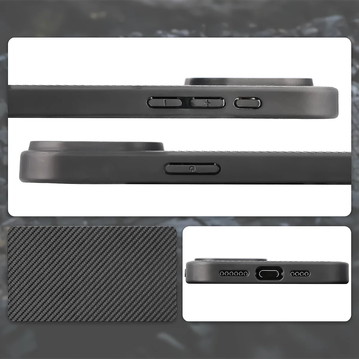 Hülle mit Handgelenkband für iPhone 15 Pro Max, Bizon Case CarbO, Schwarz