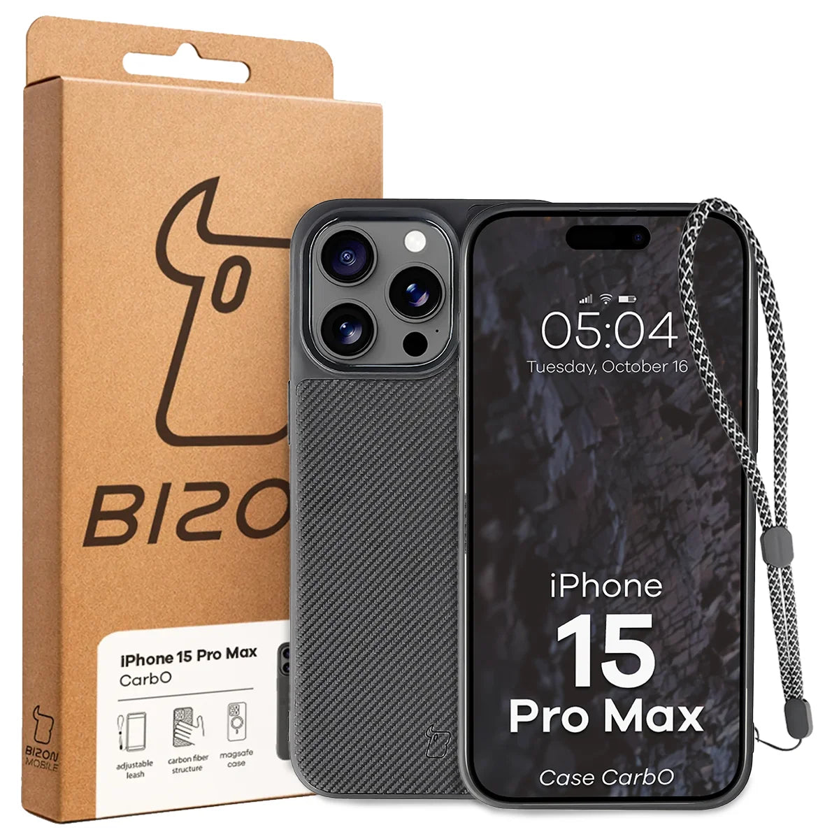 Hülle mit Handgelenkband für iPhone 15 Pro Max, Bizon Case CarbO, Schwarz