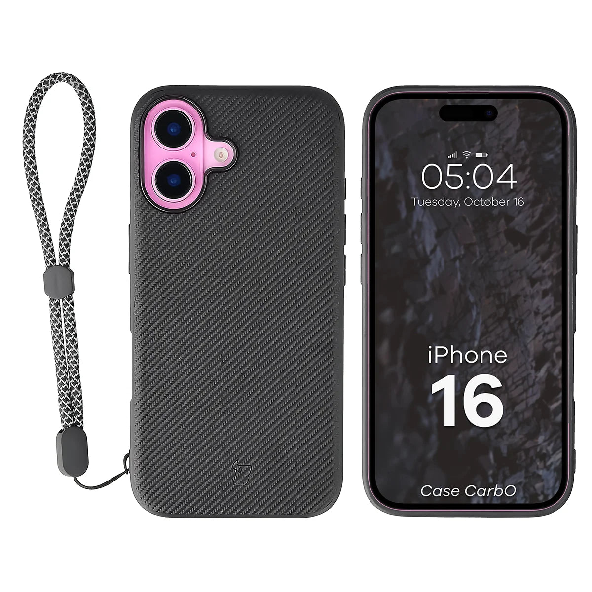 Hülle mit Handgelenkband für iPhone 16, Bizon Case CarbO, Schwarz