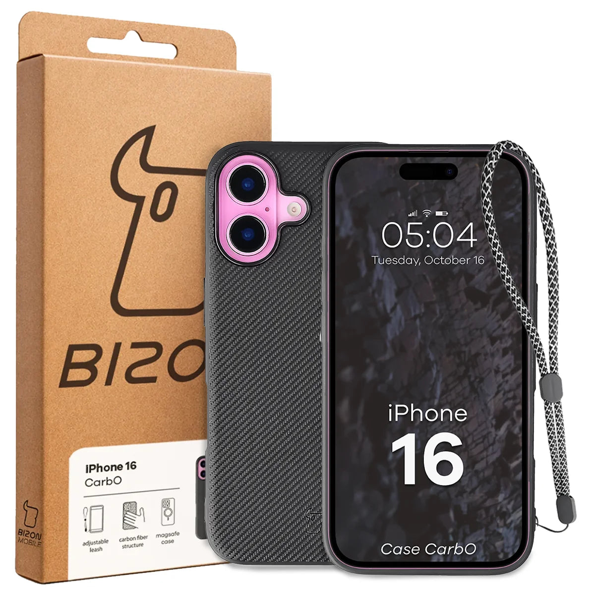 Hülle mit Handgelenkband für iPhone 16, Bizon Case CarbO, Schwarz