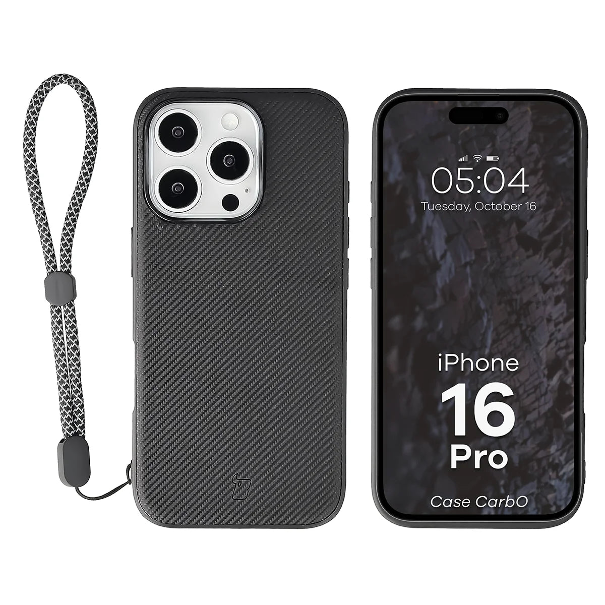 Hülle mit Handgelenkband für iPhone 16 Pro, Bizon Case CarbO, Schwarz