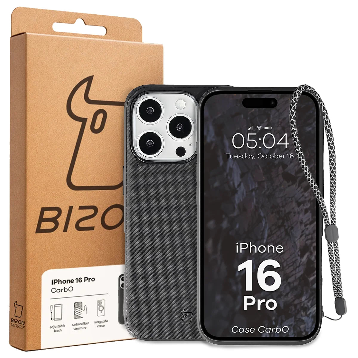 Hülle mit Handgelenkband für iPhone 16 Pro, Bizon Case CarbO, Schwarz