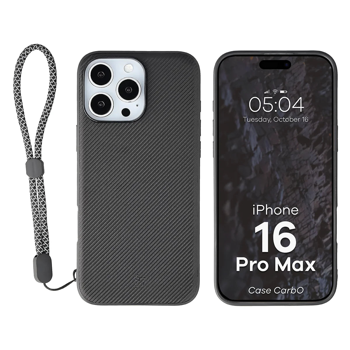 Hülle mit Handgelenkband für iPhone 16 Pro Max, Bizon Case CarbO, Schwarz