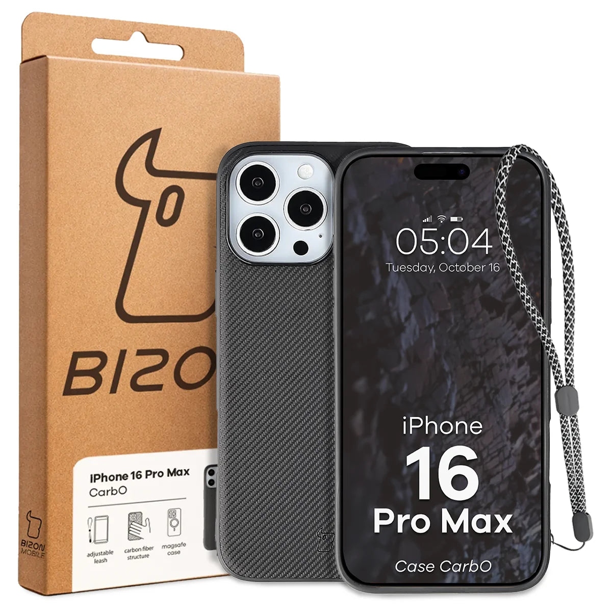 Hülle mit Handgelenkband für iPhone 16 Pro Max, Bizon Case CarbO, Schwarz