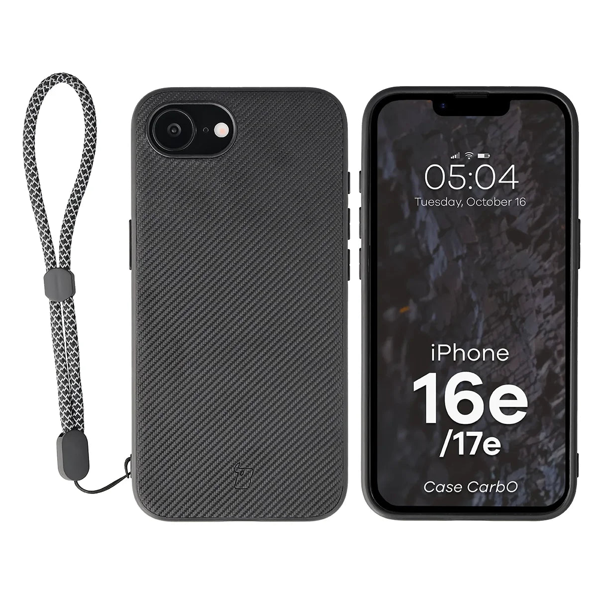 Hülle mit Handgelenkband für iPhone 17e / 16e, Bizon Case CarbO, Schwarz