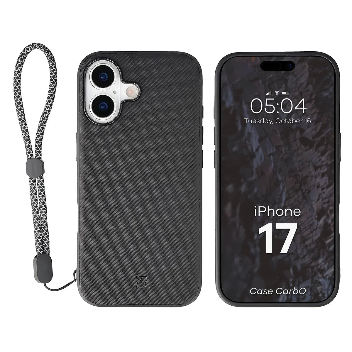 Hülle mit Handgelenkband für iPhone 17, Bizon Case CarbO, Schwarz