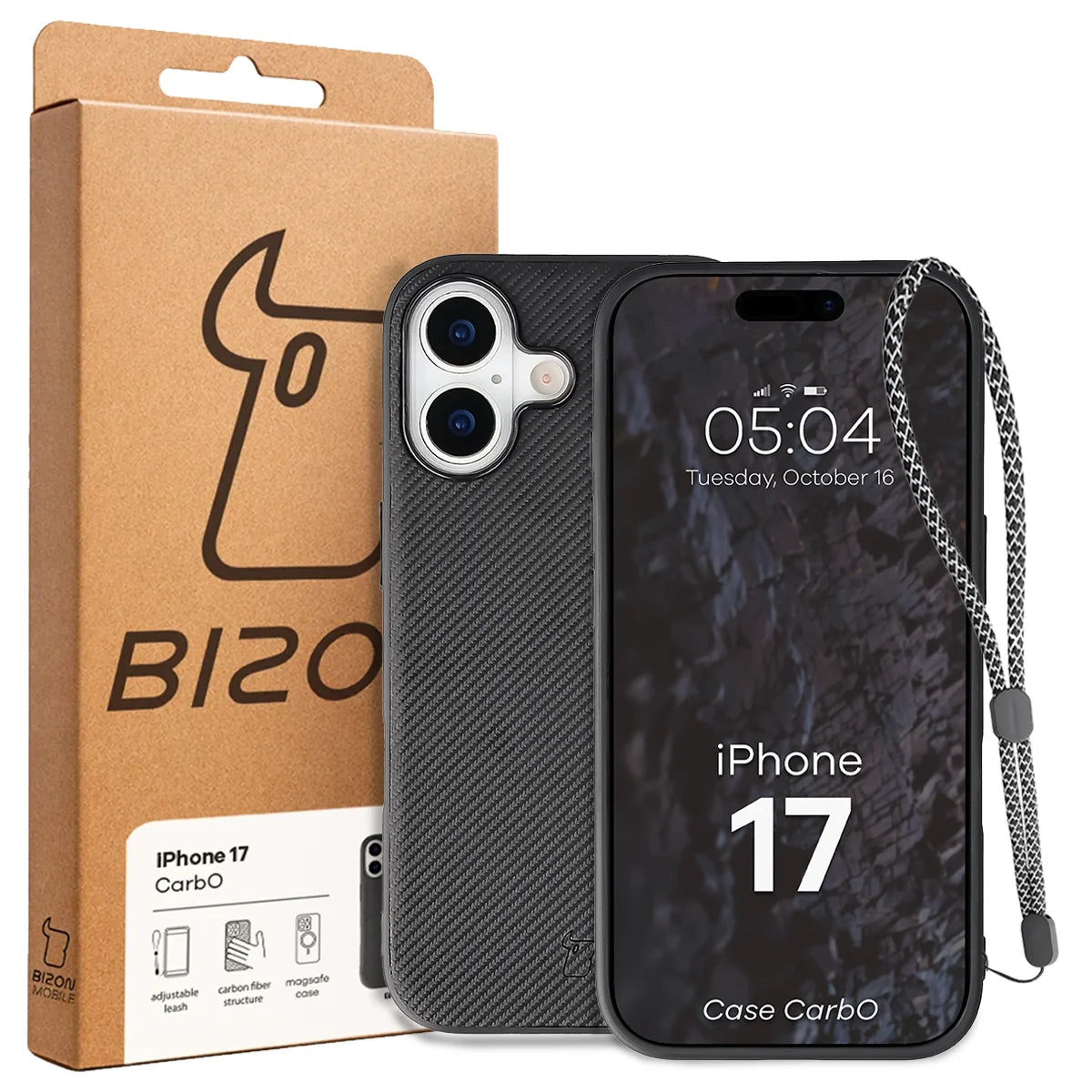 Hülle mit Handgelenkband für iPhone 17, Bizon Case CarbO, Schwarz