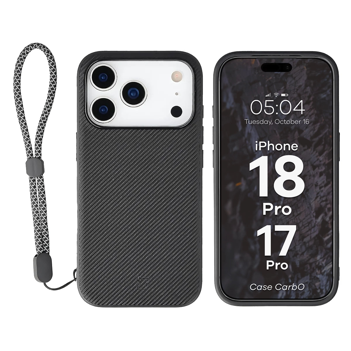Hülle mit Handgelenkband für iPhone 18 Pro / 17 Pro, Bizon Case CarbO, Schwarz
