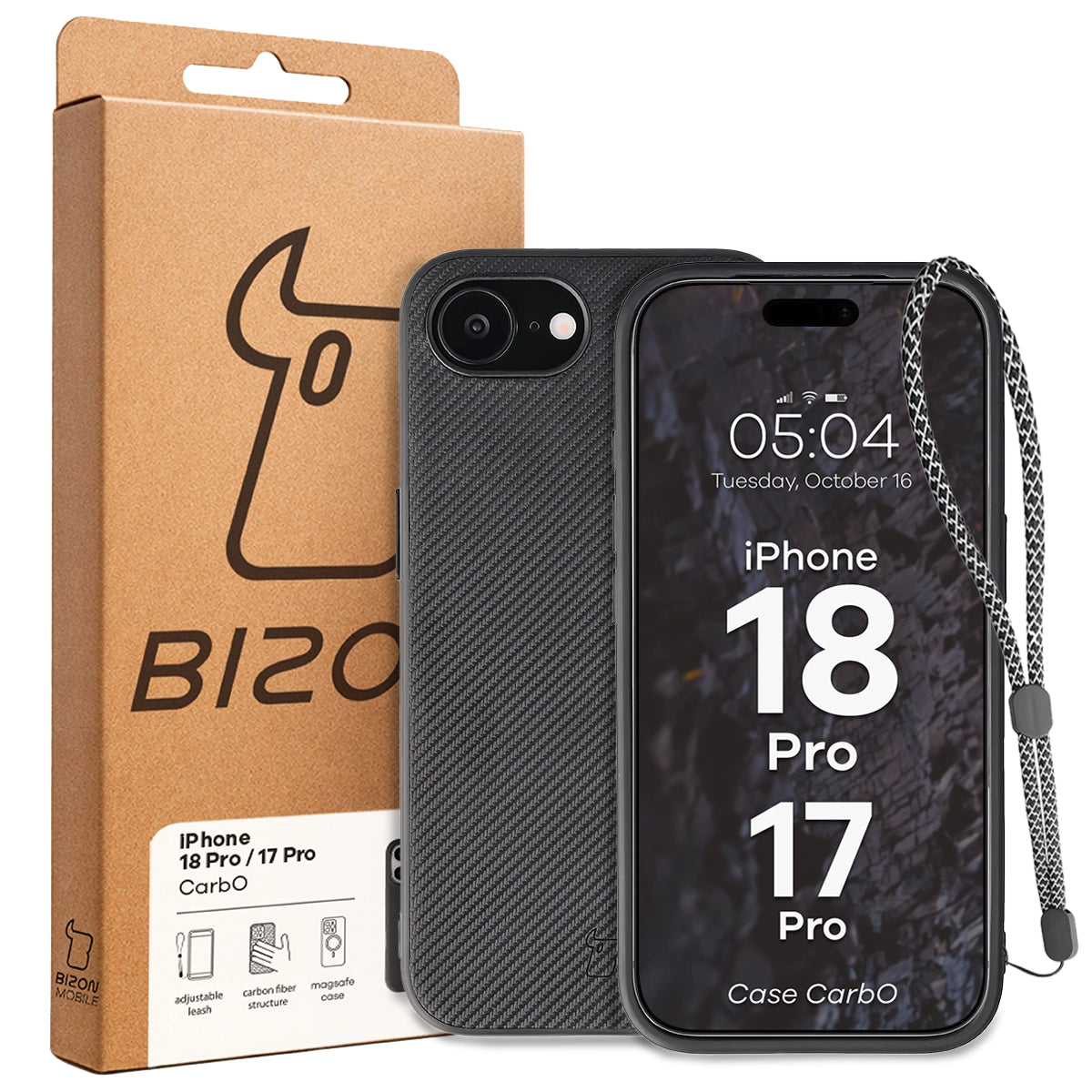 Hülle mit Handgelenkband für iPhone 18 Pro / 17 Pro, Bizon Case CarbO, Schwarz