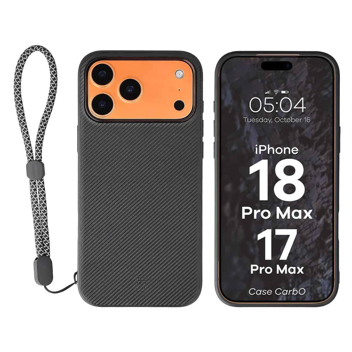 Hülle mit Handgelenkband für iPhone 18 Pro Max / 17 Pro Max, Bizon Case CarbO, Schwarz