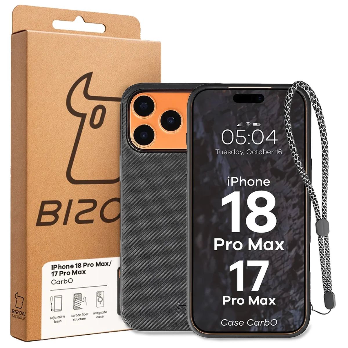 Hülle mit Handgelenkband für iPhone 18 Pro Max / 17 Pro Max, Bizon Case CarbO, Schwarz