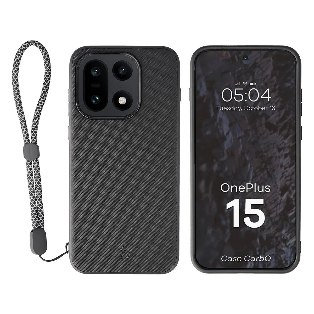 Hülle mit Handgelenkband für OnePlus 15, Bizon Case CarbO, Schwarz