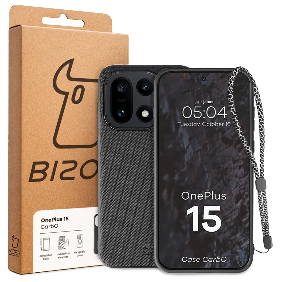 Hülle mit Handgelenkband für OnePlus 15, Bizon Case CarbO, Schwarz