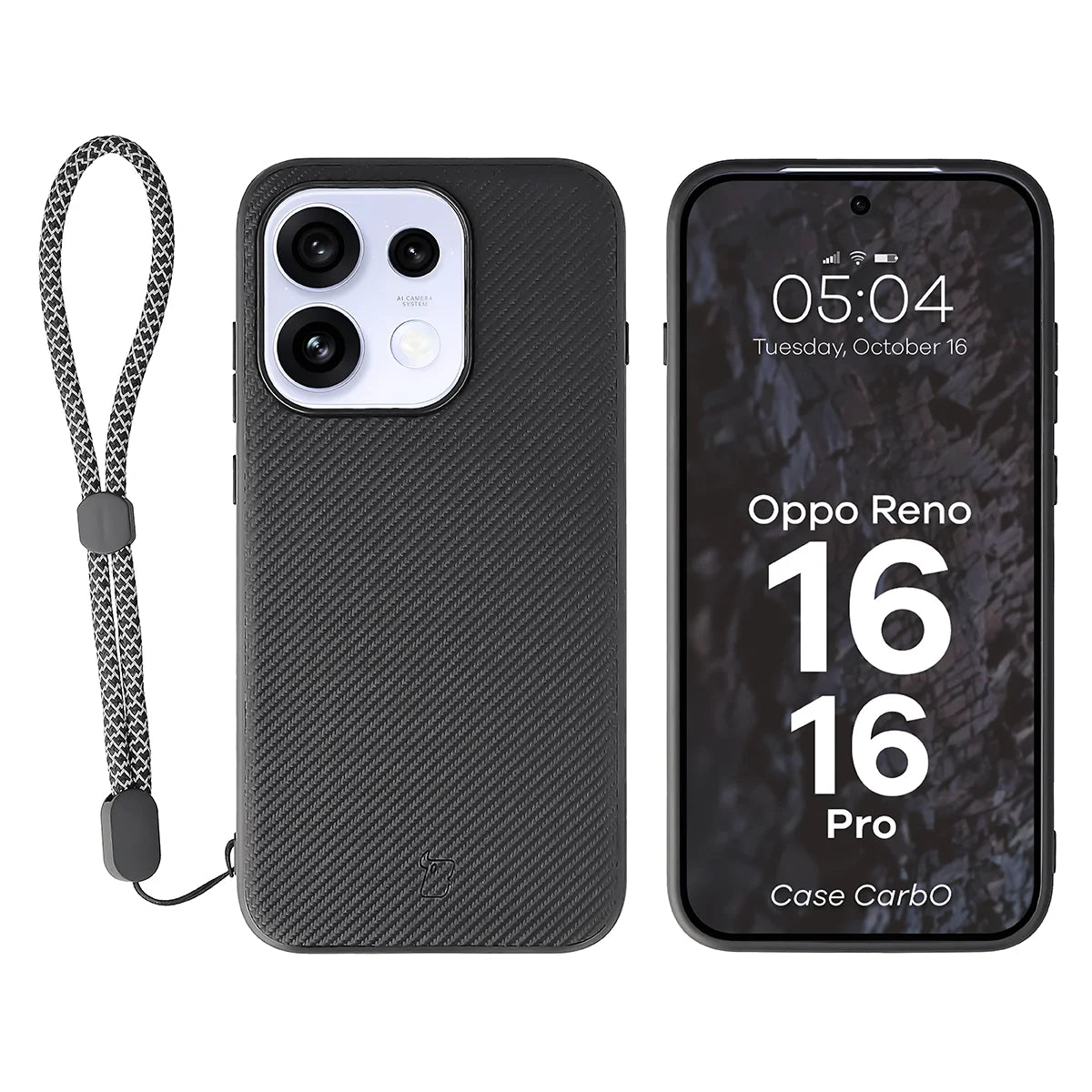 Hülle mit Handgelenkband für OPPO Reno16 / Pro, Bizon Case CarbO, Schwarz (1/6)