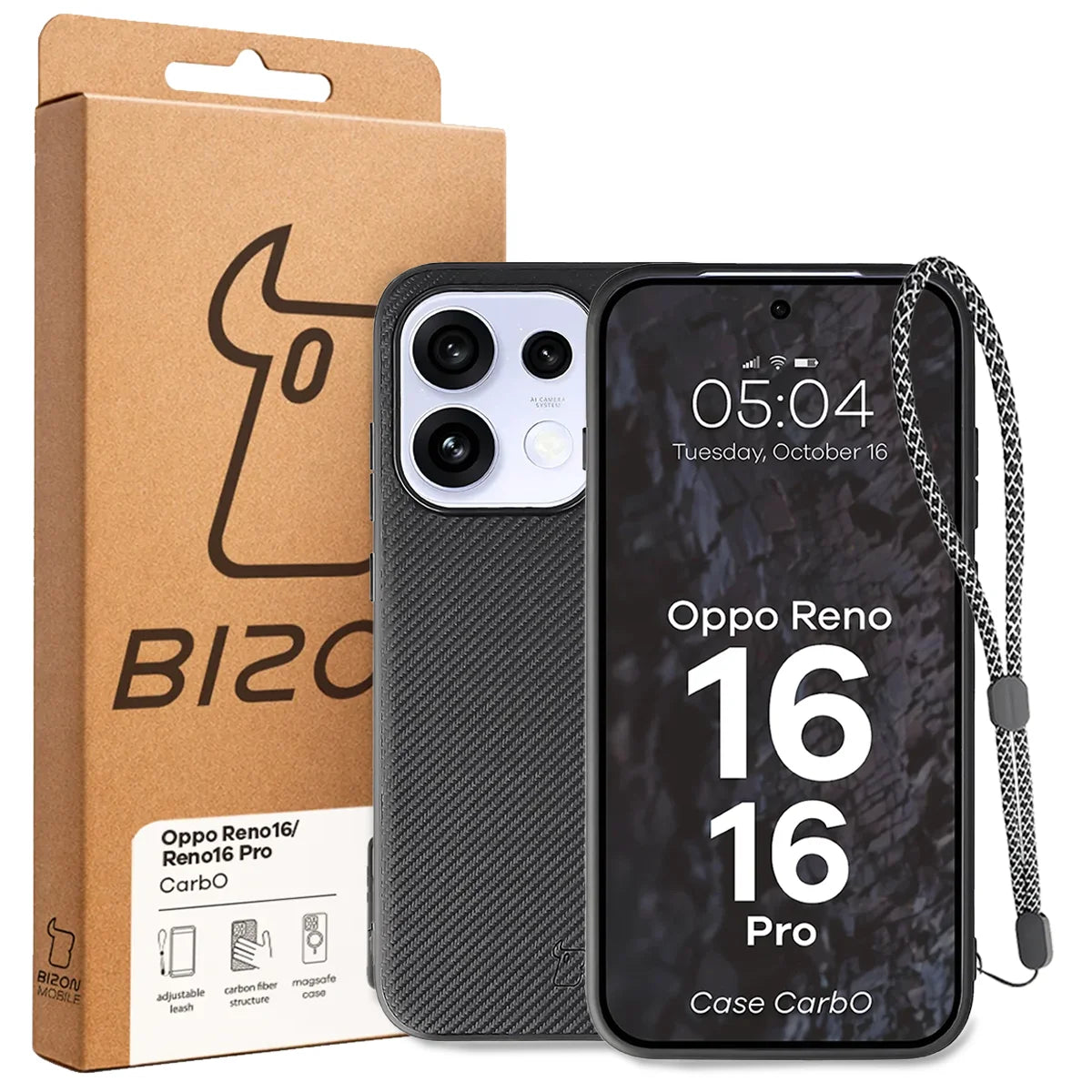 Hülle mit Handgelenkband für OPPO Reno16 / Pro, Bizon Case CarbO, Schwarz (6/6)