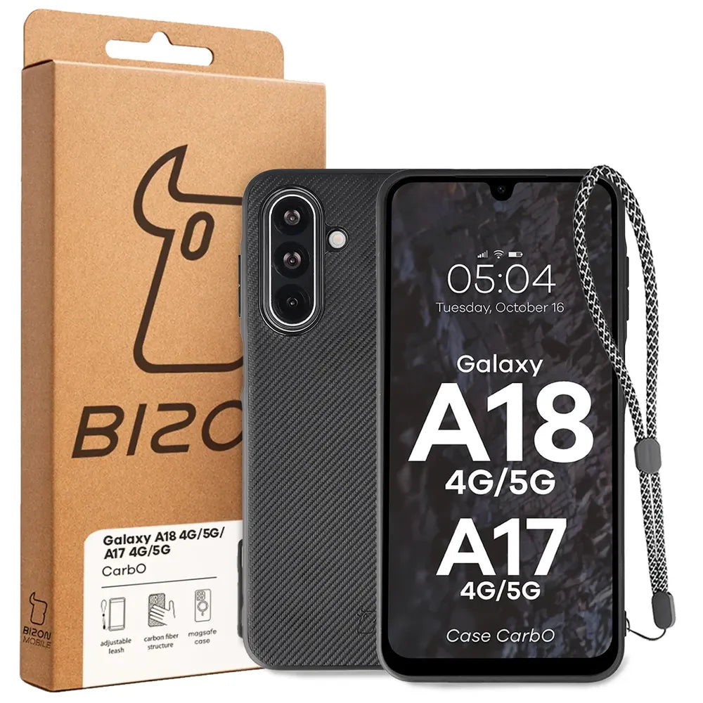 Hülle mit Handgelenkband für Galaxy A18 4G/5G / A17 4G/5G, Bizon Case CarbO, Schwarz (6/6)