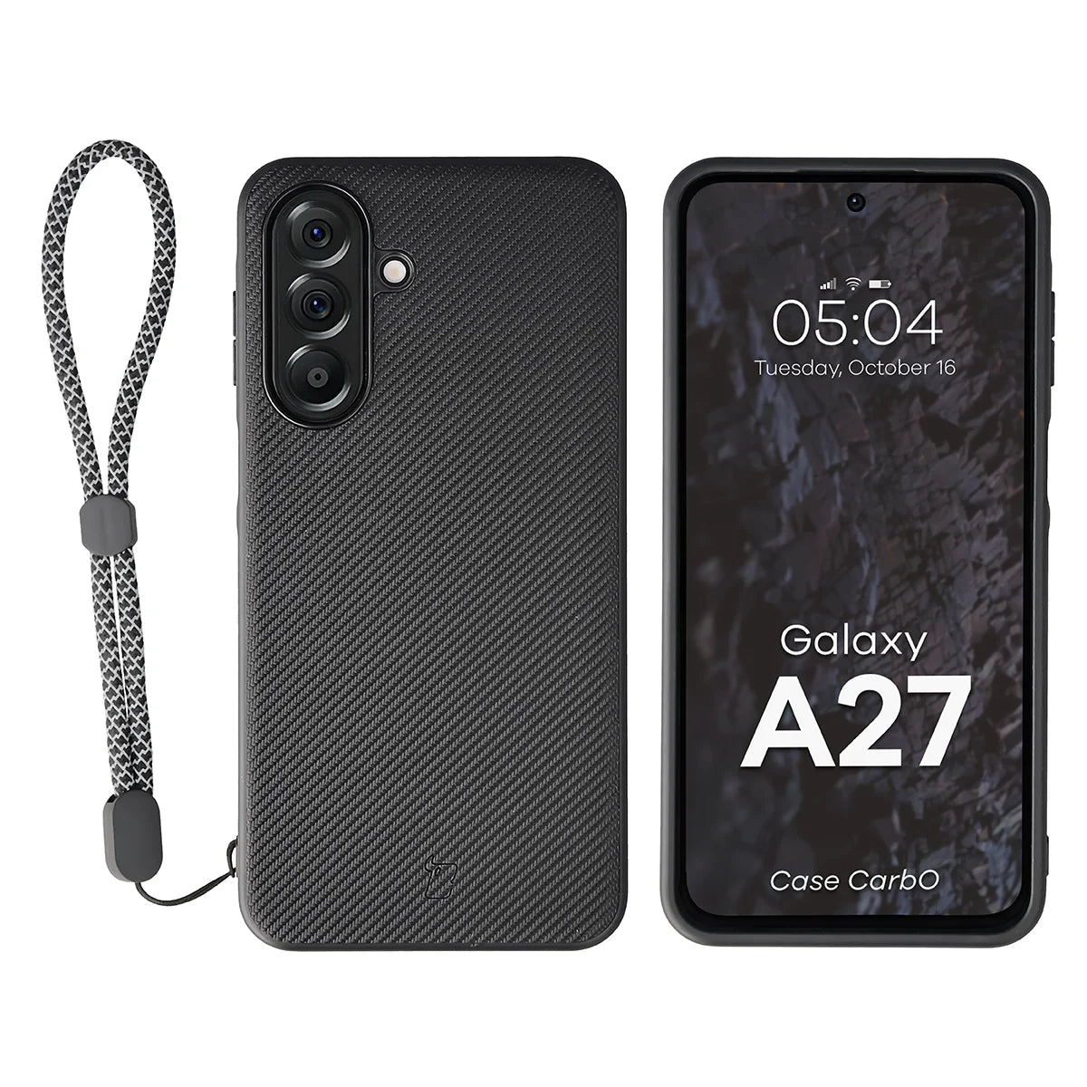 Hülle mit Handgelenkband für Galaxy A27 5G, Bizon Case CarbO, Schwarz