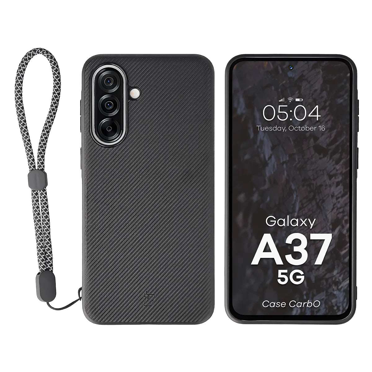 Hülle mit Handgelenkband für Galaxy A37 5G, Bizon Case CarbO, Schwarz