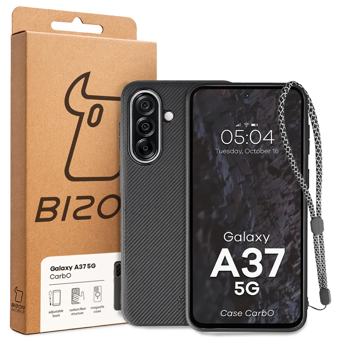 Hülle mit Handgelenkband für Galaxy A37 5G, Bizon Case CarbO, Schwarz
