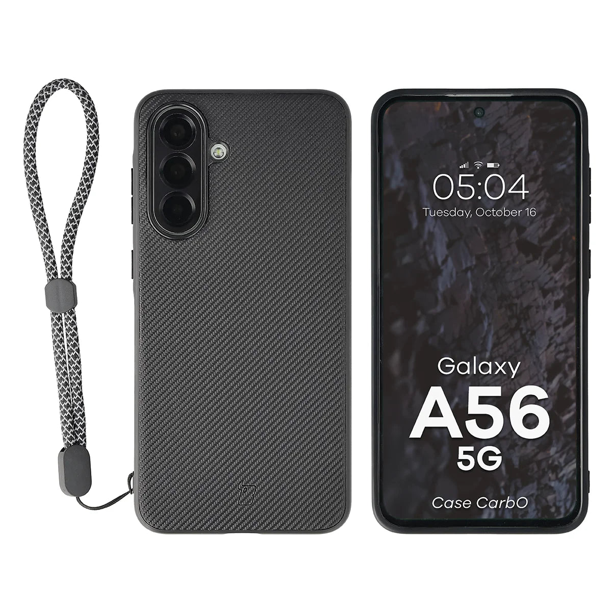 Hülle mit Handgelenkband für Galaxy A56 5G, Bizon Case CarbO, Schwarz