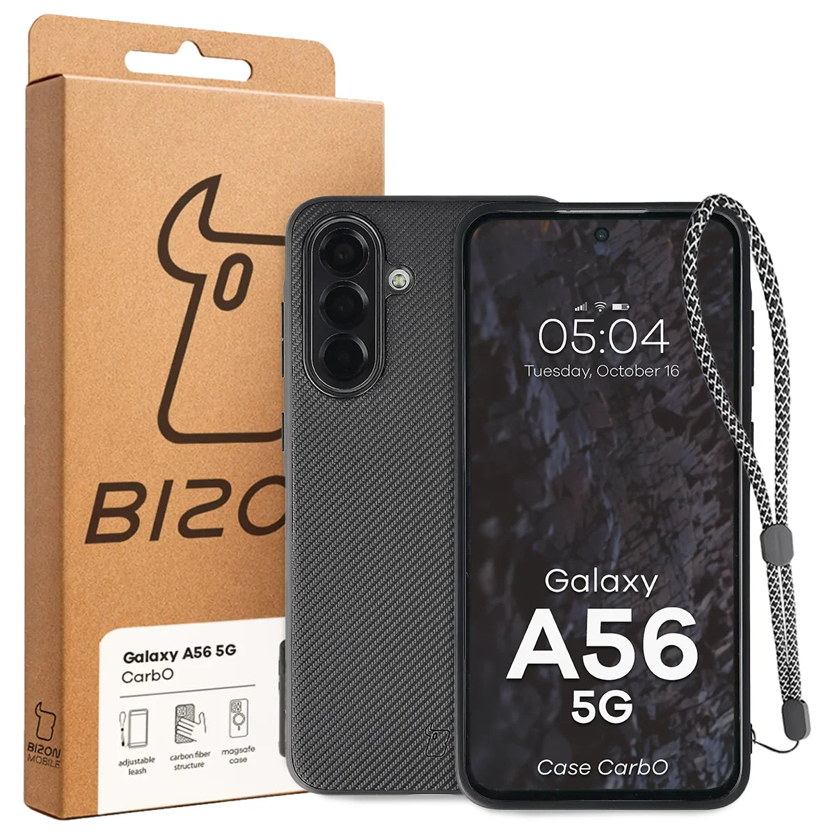 Hülle mit Handgelenkband für Galaxy A56 5G, Bizon Case CarbO, Schwarz