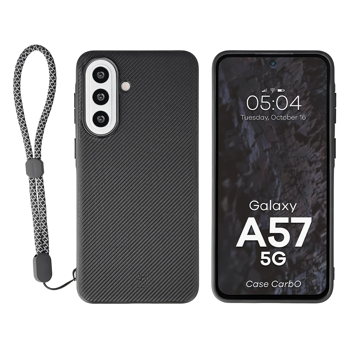 Hülle mit Handgelenkband für Galaxy A57 5G, Bizon Case CarbO, Schwarz