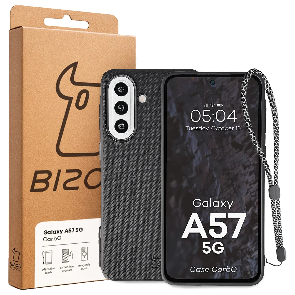 Hülle mit Handgelenkband für Galaxy A57 5G, Bizon Case CarbO, Schwarz