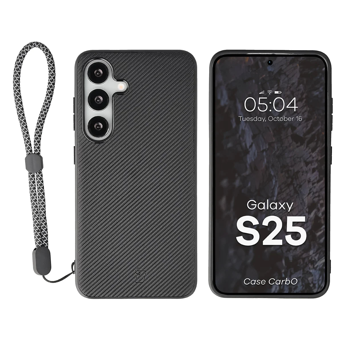 Hülle mit Handgelenkband für Galaxy S25, Bizon Case CarbO, Schwarz