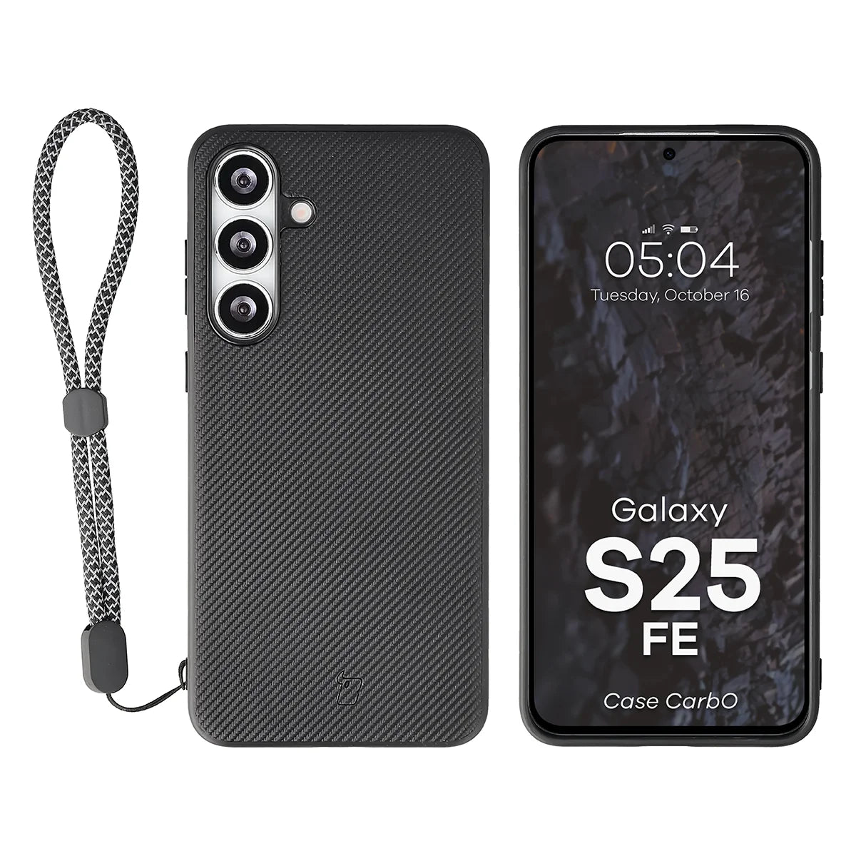 Hülle mit Handgelenkband für Galaxy S25 FE, Bizon Case CarbO, Schwarz