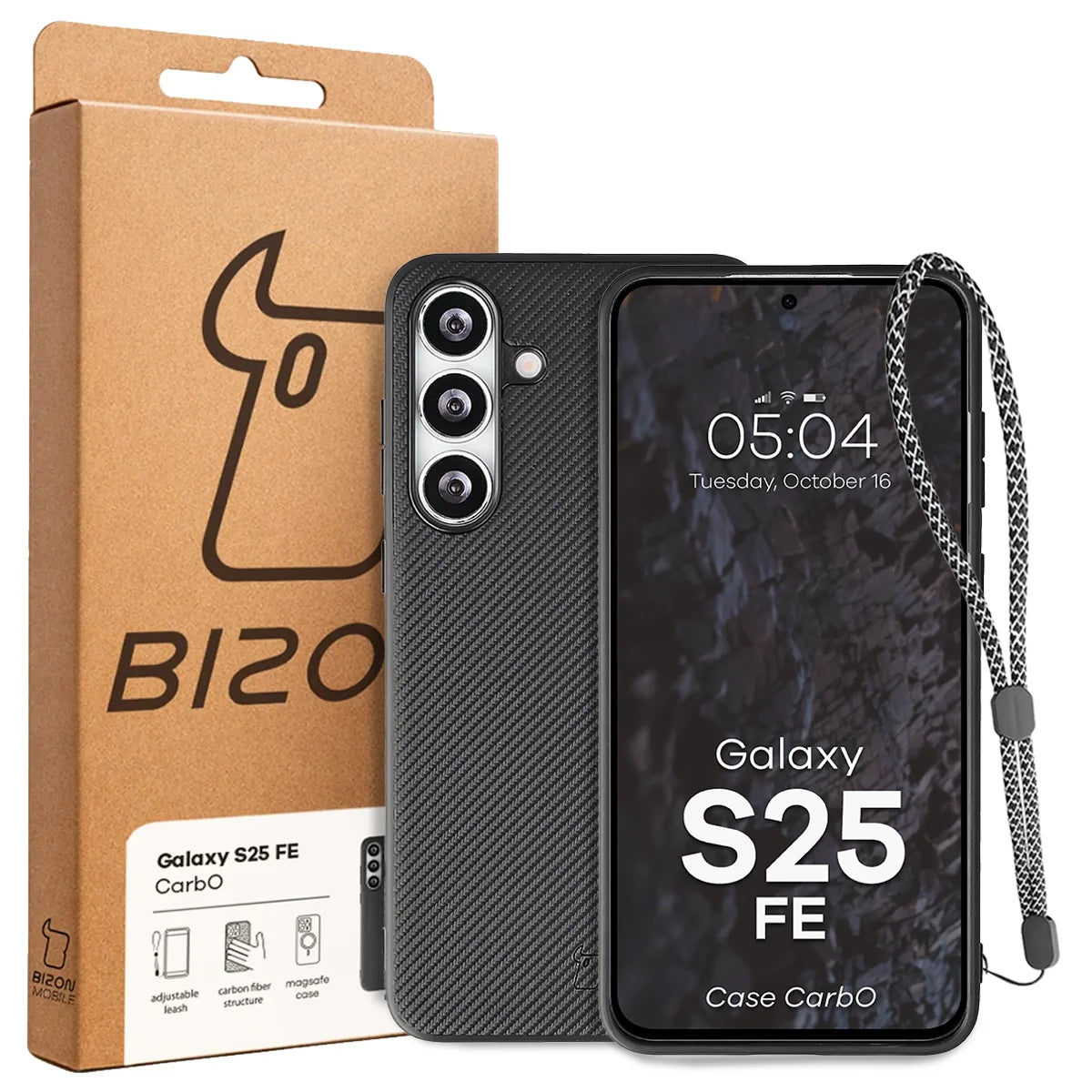 Hülle mit Handgelenkband für Galaxy S25 FE, Bizon Case CarbO, Schwarz