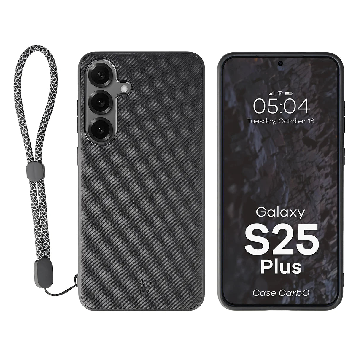Hülle mit Handgelenkband für Galaxy S25 Plus, Bizon Case CarbO, Schwarz