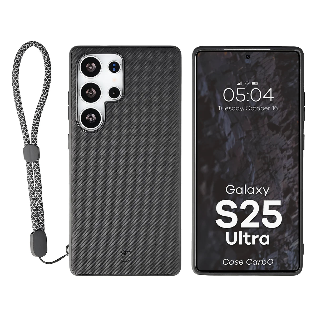 Hülle mit Handgelenkband für Galaxy S25 Ultra, Bizon Case CarbO, Schwarz