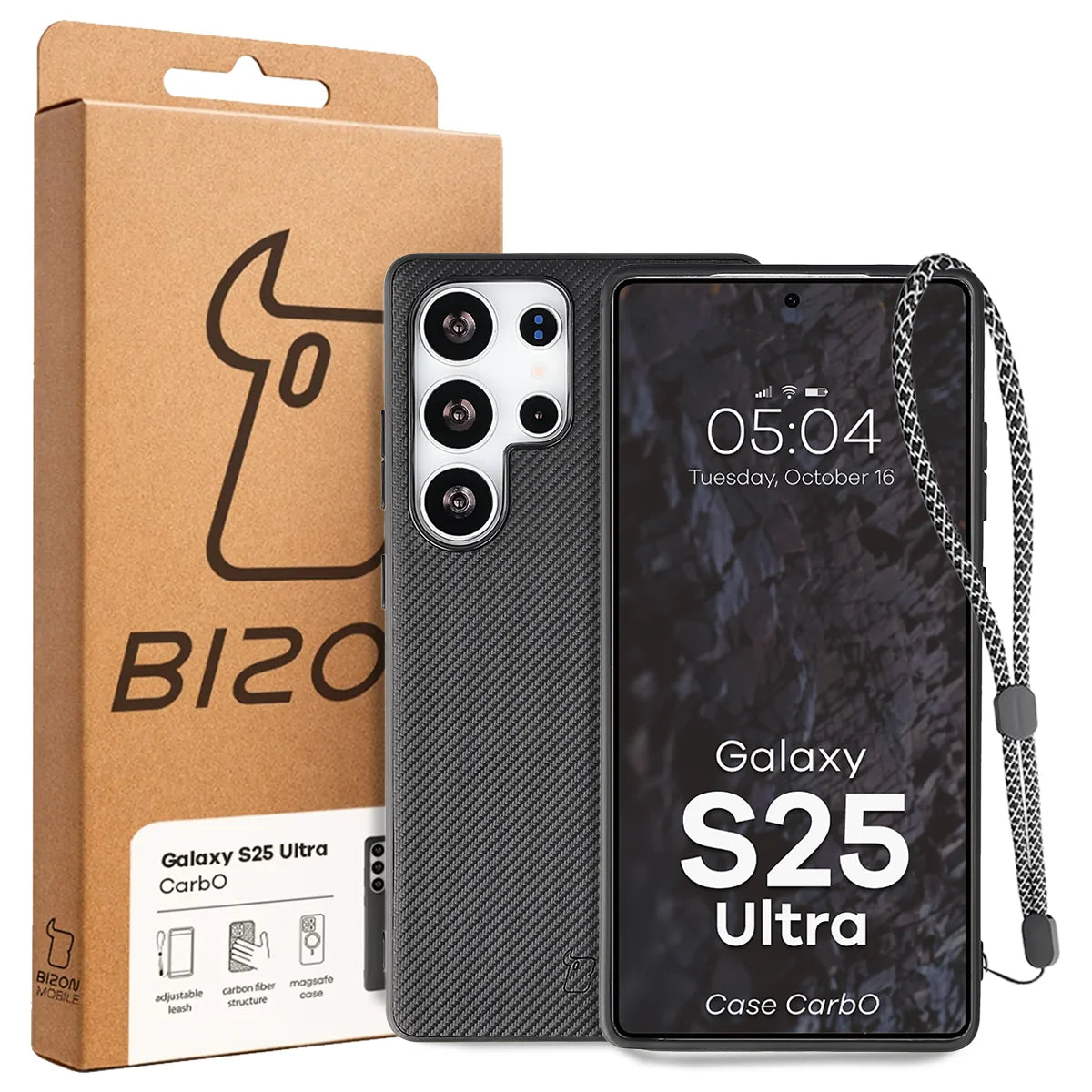 Hülle mit Handgelenkband für Galaxy S25 Ultra, Bizon Case CarbO, Schwarz