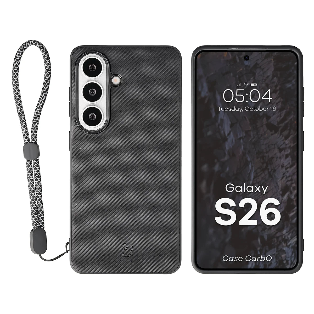 Hülle mit Handgelenkband für Galaxy S26, Bizon Case CarbO, Schwarz
