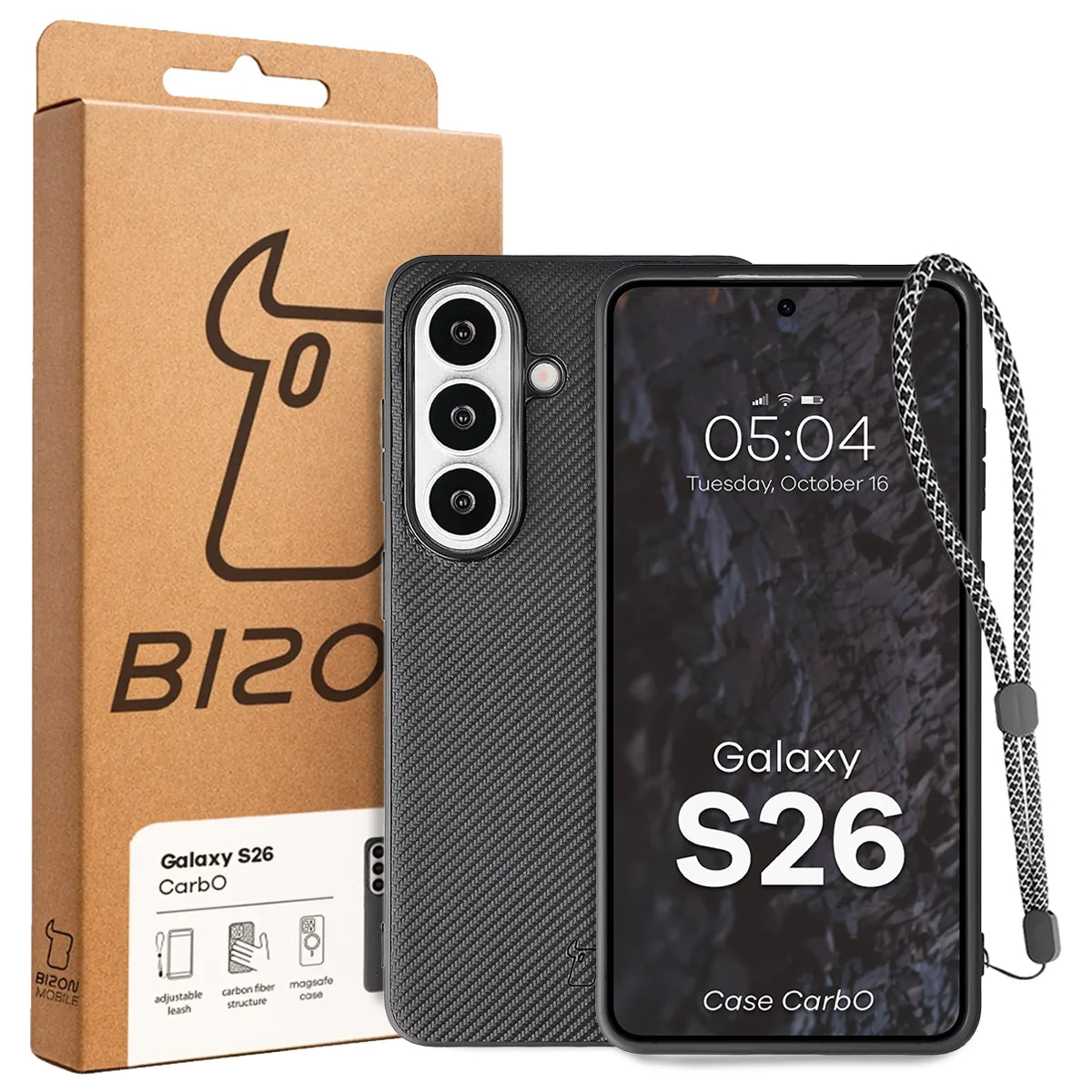 Hülle mit Handgelenkband für Galaxy S26, Bizon Case CarbO, Schwarz