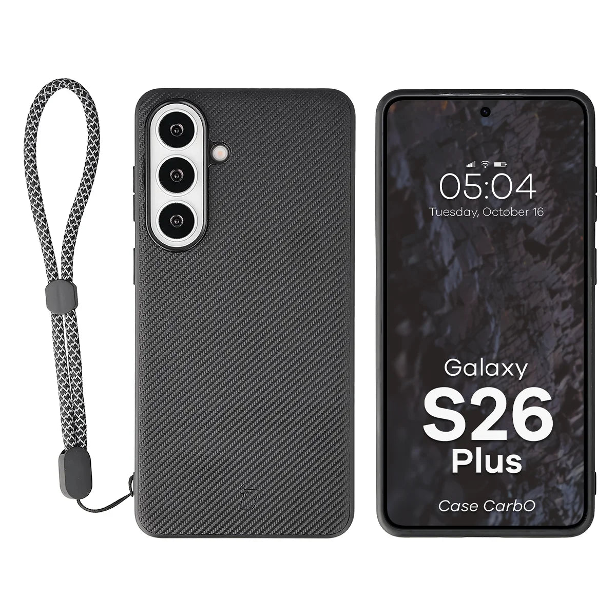 Hülle mit Handgelenkband für Galaxy S26 Plus, Bizon Case CarbO, Schwarz