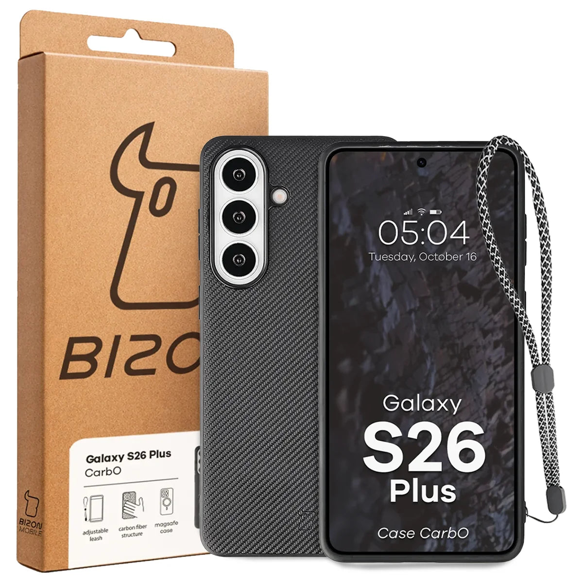 Hülle mit Handgelenkband für Galaxy S26 Plus, Bizon Case CarbO, Schwarz