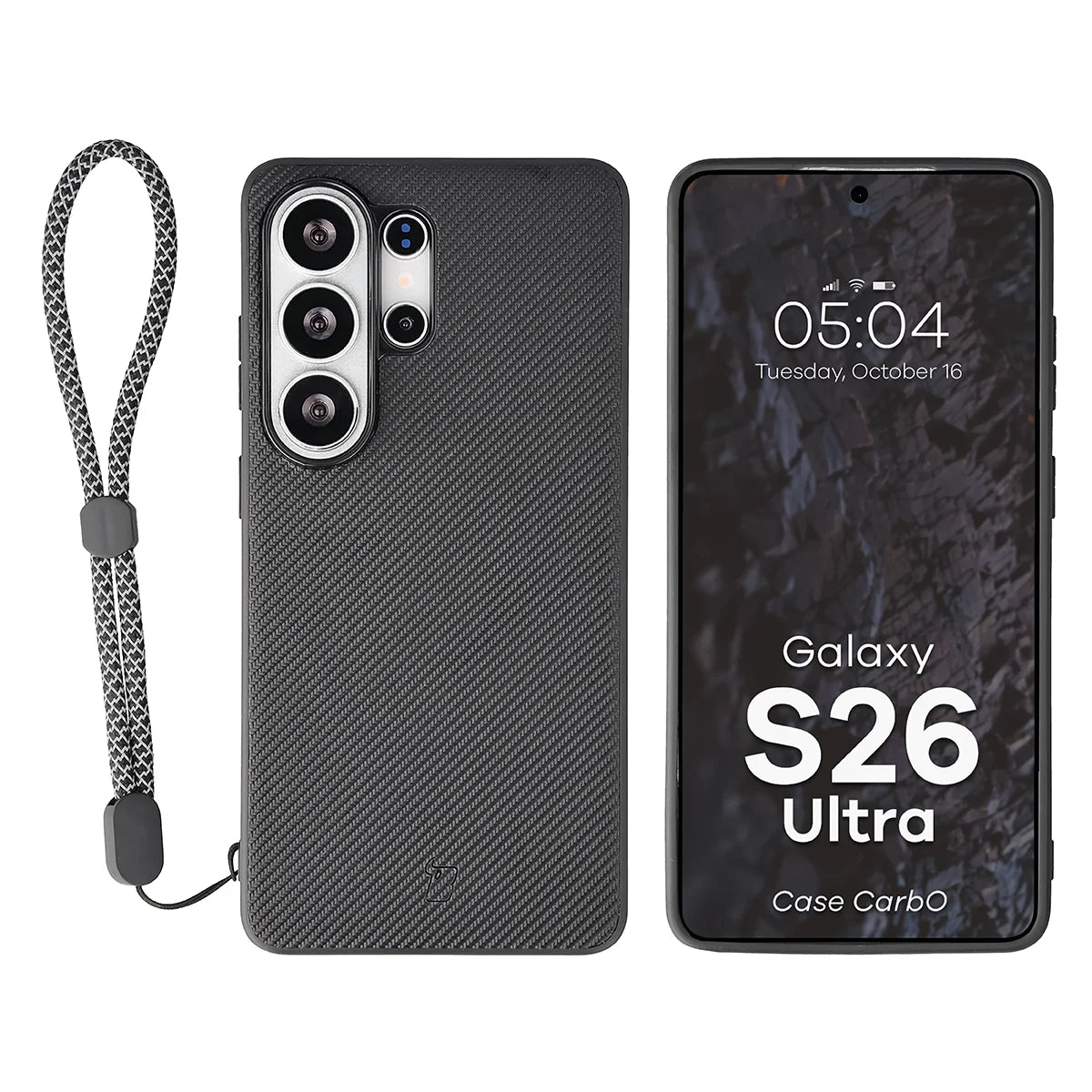 Hülle mit Handgelenkband für Galaxy S26 Ultra, Bizon Case CarbO, Schwarz
