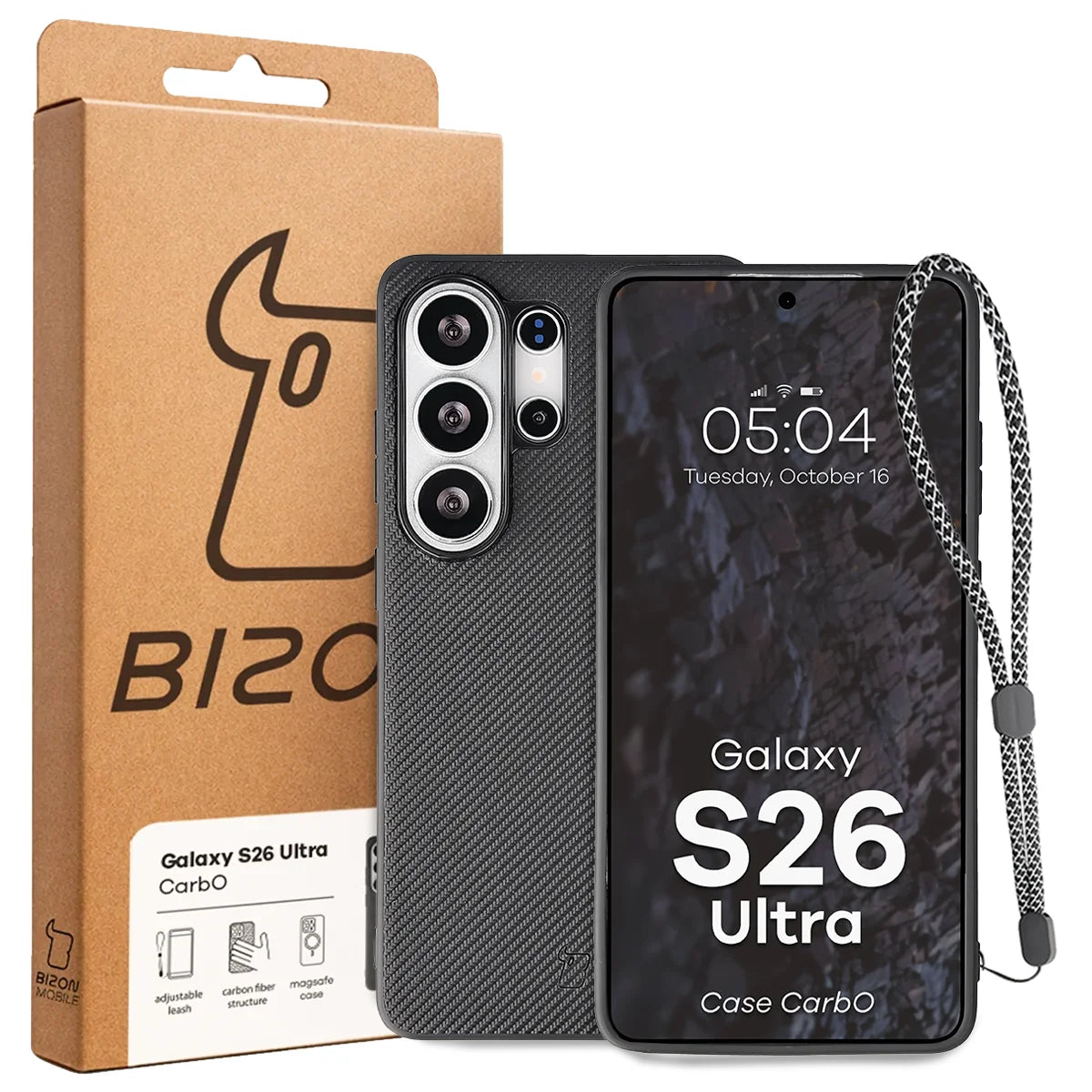 Hülle mit Handgelenkband für Galaxy S26 Ultra, Bizon Case CarbO, Schwarz