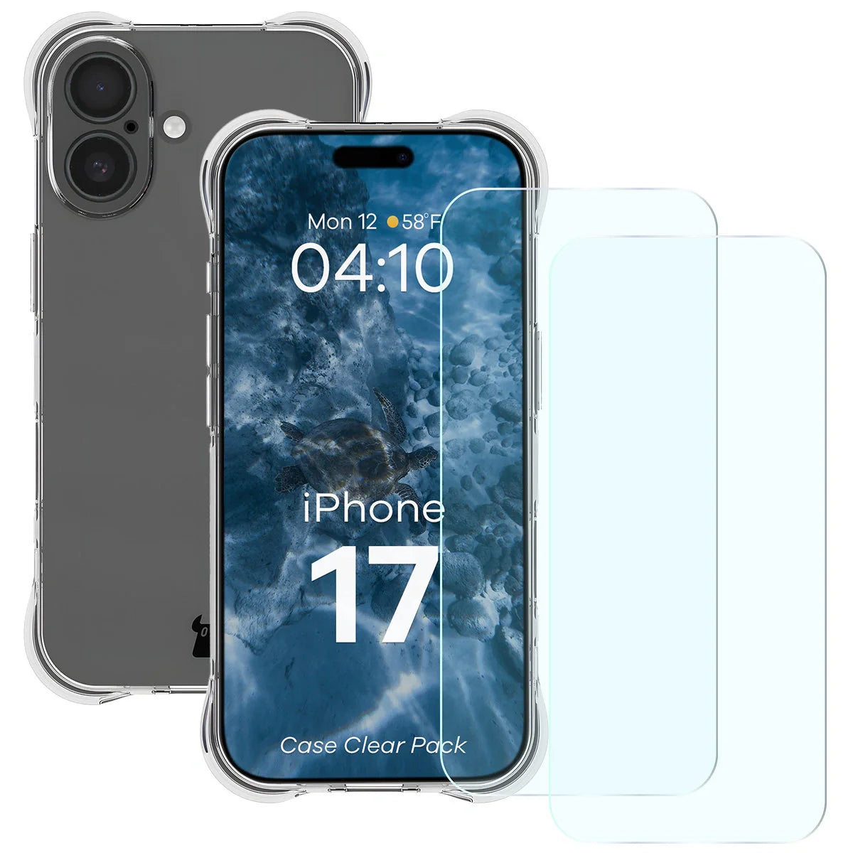 Schutzhülle + 2x gehärtetes Glas für iPhone 17, Bizon Case Clear Pack, Transparent