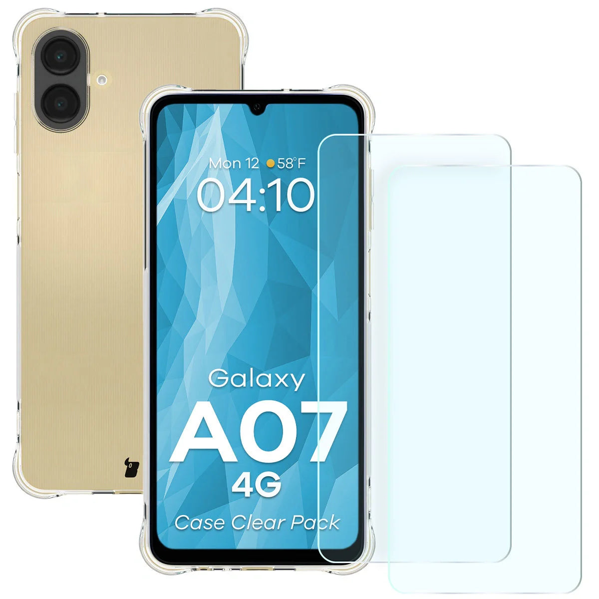 Schutzhülle + 2x gehärtetes Glas für Galaxy A07 4G, Bizon Case Clear Pack, Transparent