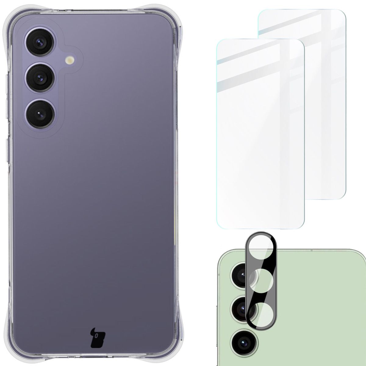 Schutzhülle + 2x gehärtetes Glas + Kameraschutz für Galaxy S24 FE, Bizon Case Clear Pack, Transparent