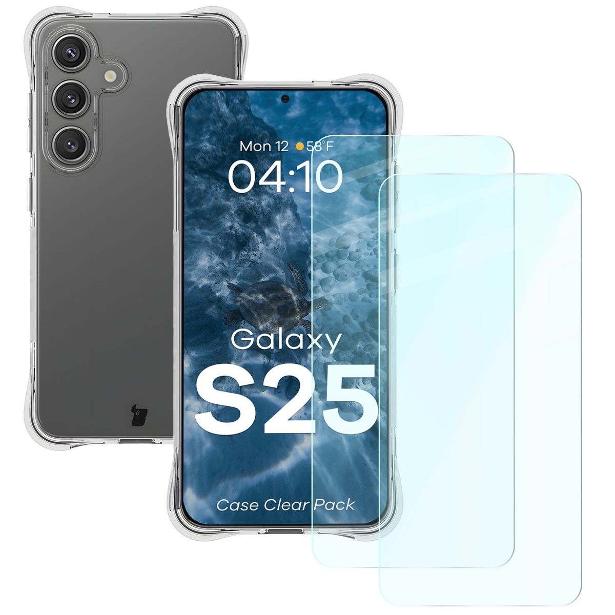 Schutzhülle + 2x gehärtetes Glas für Galaxy S25, Bizon Case Clear Pack, Transparent