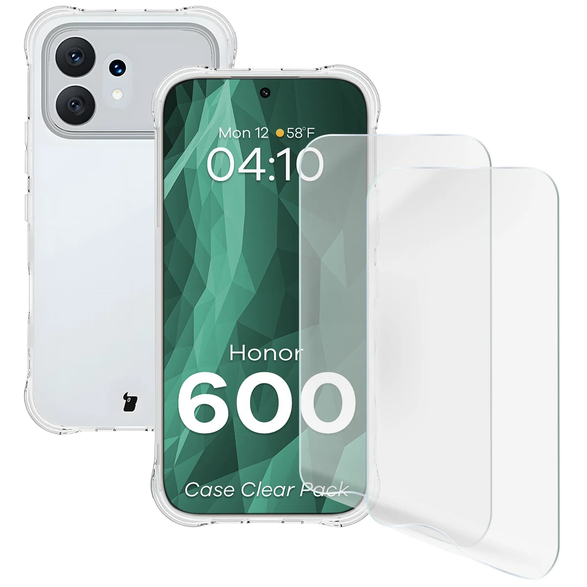 Handyhülle + 2x Folie für Honor 600 5G, Bizon Case Clear Pack, Transparent