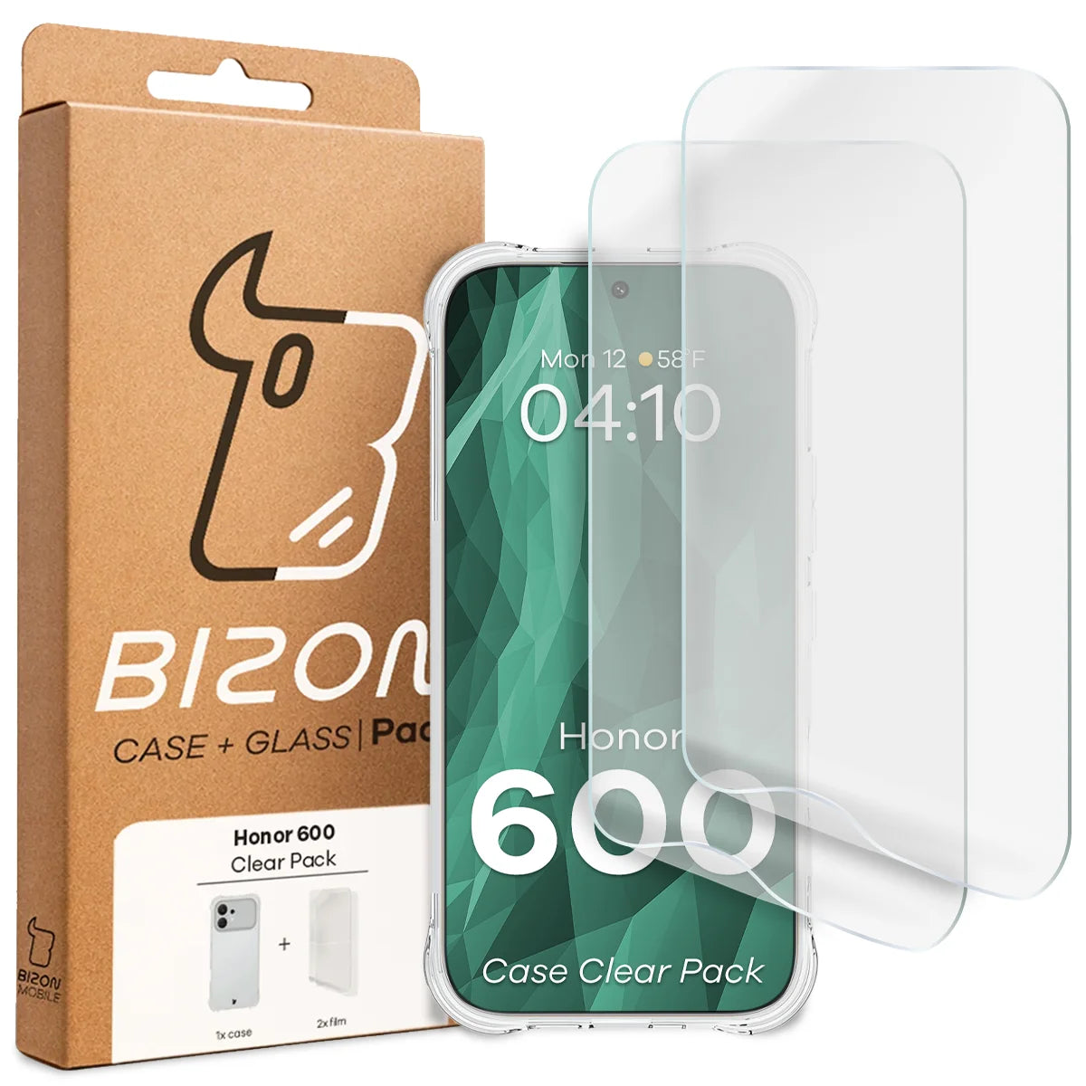 Handyhülle + 2x Folie für Honor 600 5G, Bizon Case Clear Pack, Transparent