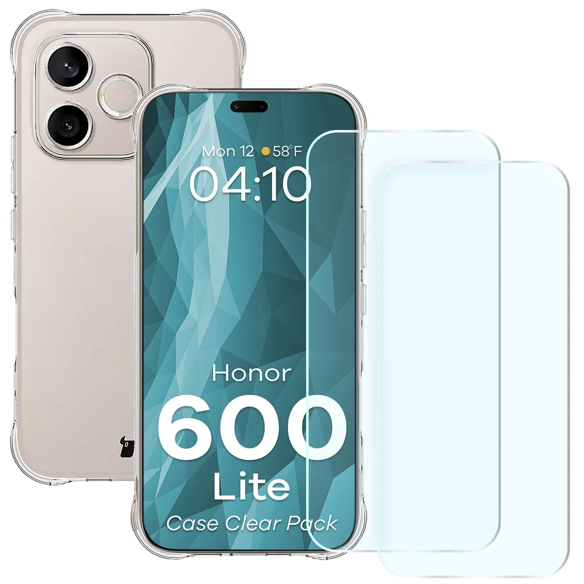 Schutzhülle + 2x gehärtetes Glas für Honor 600 Lite 5G, Bizon Case Clear Pack, Transparent
