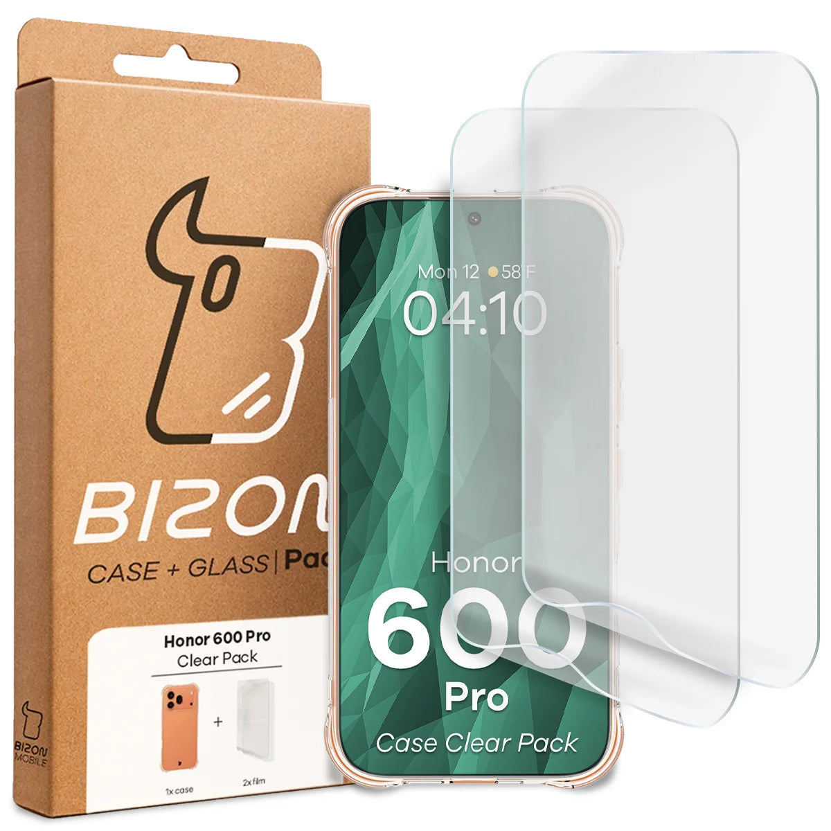 Handyhülle + 2x Folie für Honor 600 Pro 5G, Bizon Case Clear Pack, Transparent