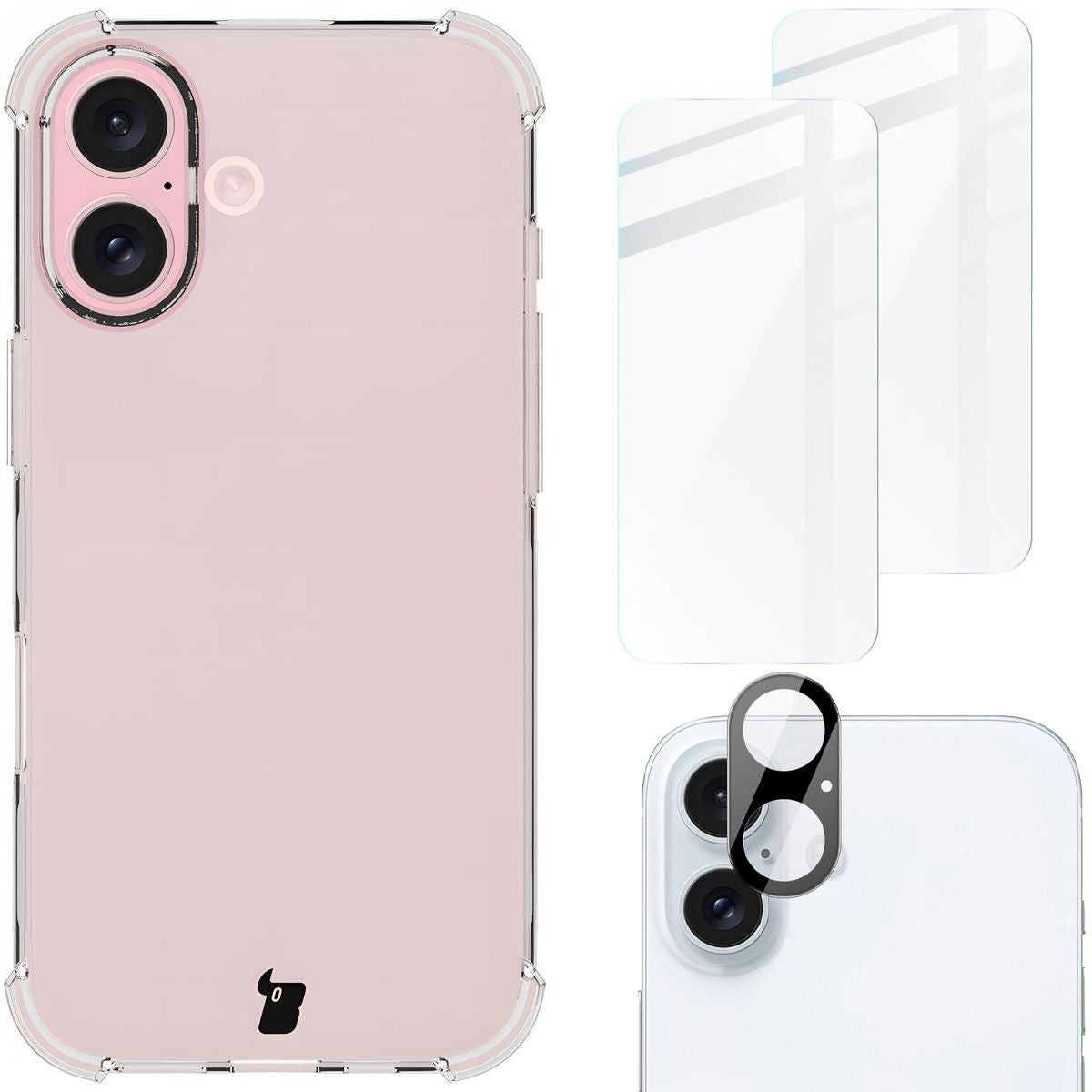 Schutzhülle + 2x gehärtetes Glas + Kameraschutz für iPhone 16, Bizon Case Clear Pack, Transparent